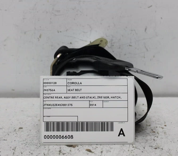 Toyota, Corolla Seat Belt Centre Rear Assy (Belt And Stalk) Zre182R Hatch 10/12 03/15