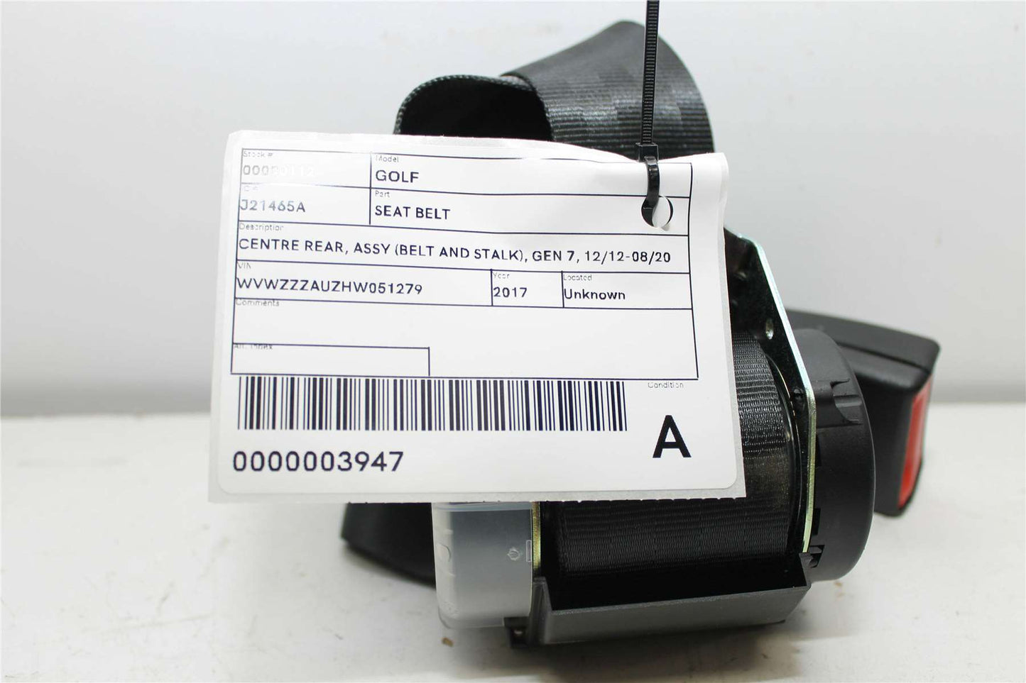 Volkswagen, Golf Seat Belt Centre Rear Assy (Belt And Stalk) Gen 7 12/12 08/20