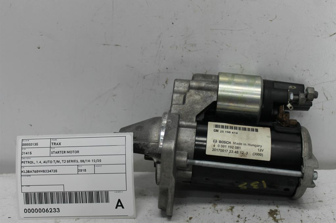 Holden, Trax Starter Motor Petrol 1.4 Auto T/M Tj Series 08/14 12/20