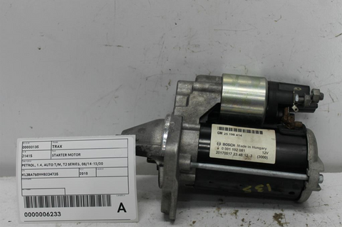 Holden, Trax Starter Motor Petrol 1.4 Auto T/M Tj Series 08/14 12/20